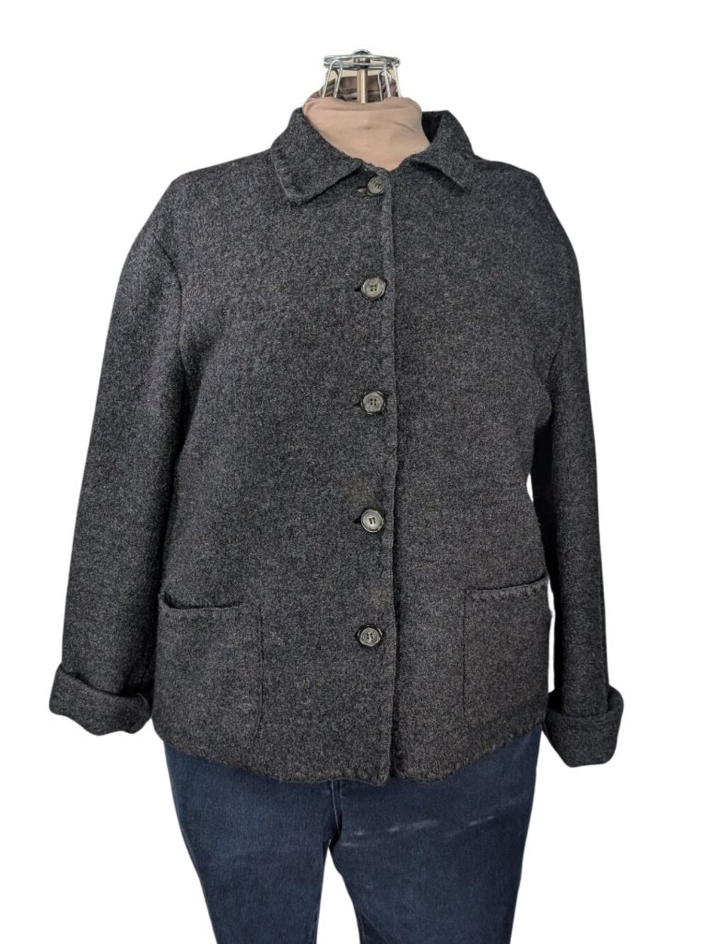 Talbots Large Vintage Dark Gray Felt Wool Button Collared Unlined Sweater Blazer